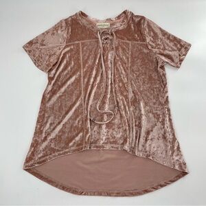 Blush Rose Pink 90s Y2K Crushed Velvet Lace‎ Up Oversized Top